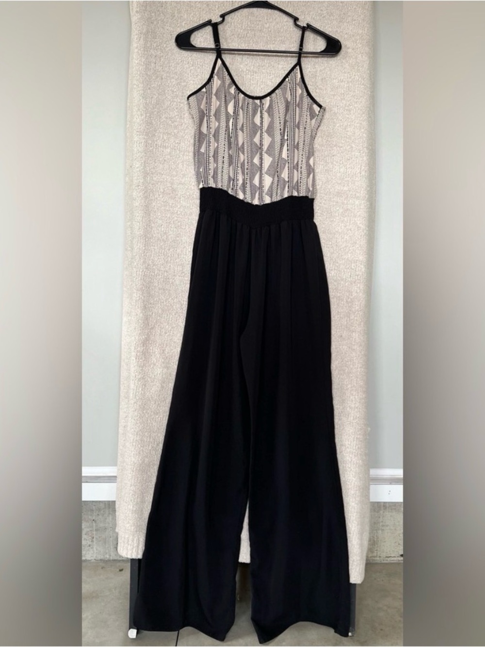 bobeau Black Wide-Leg Jumpsuit with Cream & Black Patterned Bodice